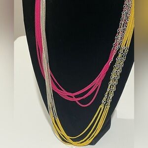 Long pink and yellow silver tone necklace